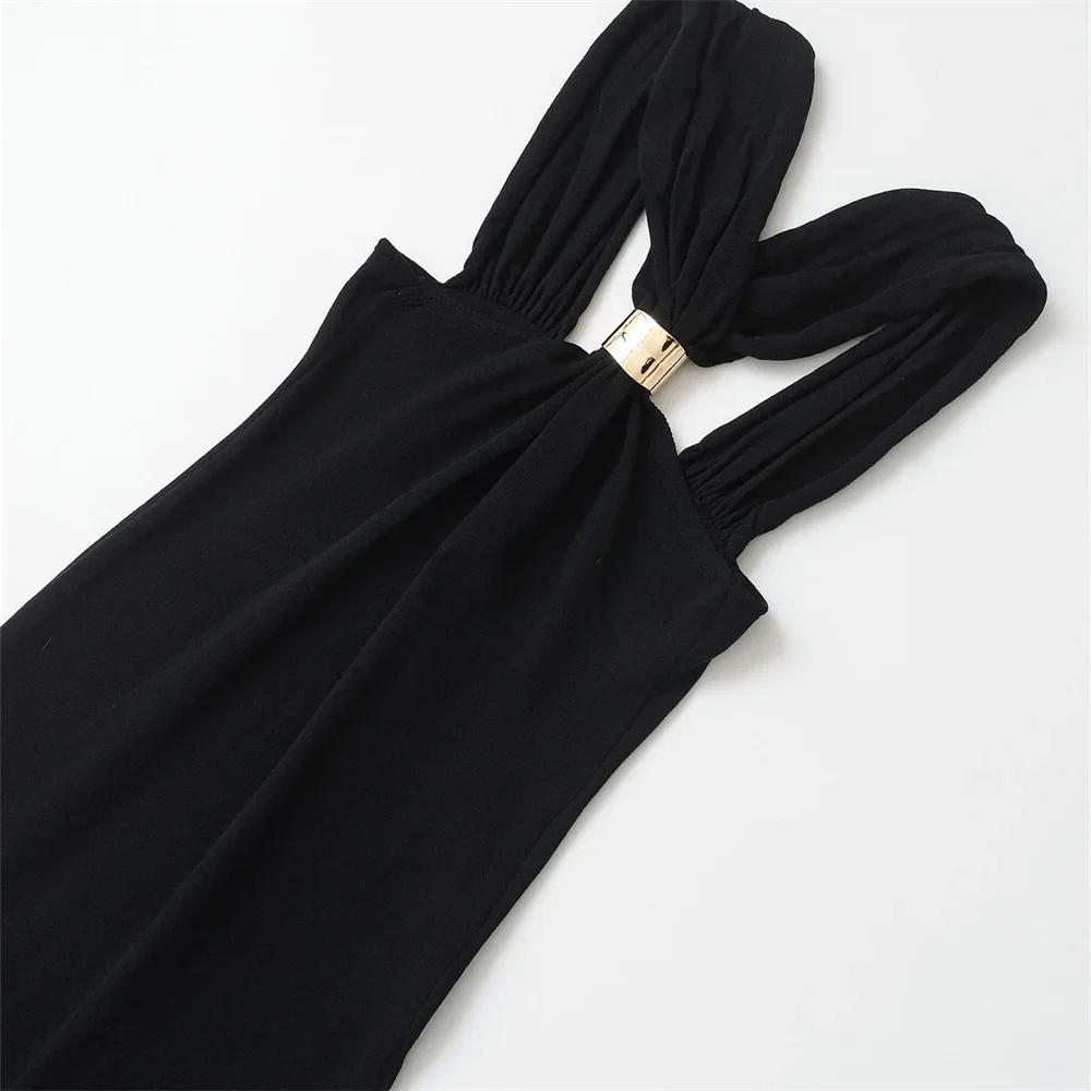 Sukienka damska Pop UNIZERA, modna, złota, dziergana, z dekoltem typu halter, elegancka, letnia, nowy styl.