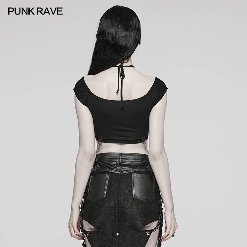 Imagem -03 - Punk Rave-front Metal Rings T-shirt para Mulheres Gótico Diário Sexy Preto Tops Curtos Roupas Femininas Personalidade Verão