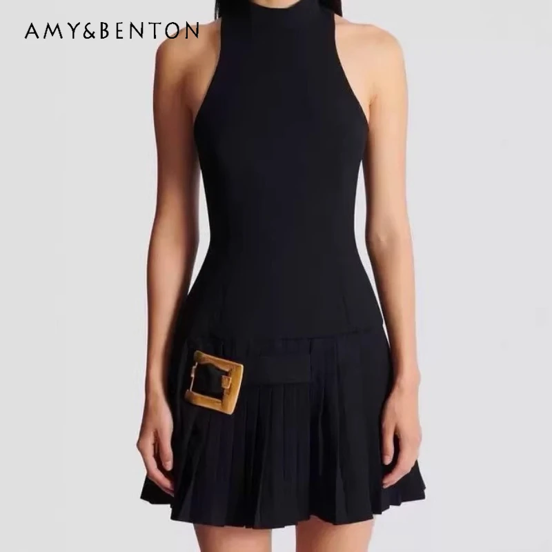 

Vintage Design High-End Women's Clothing 2026 Spring New French Style Sexy Hot Girl Belted Splicing Pleated Tank Dresses Ladies