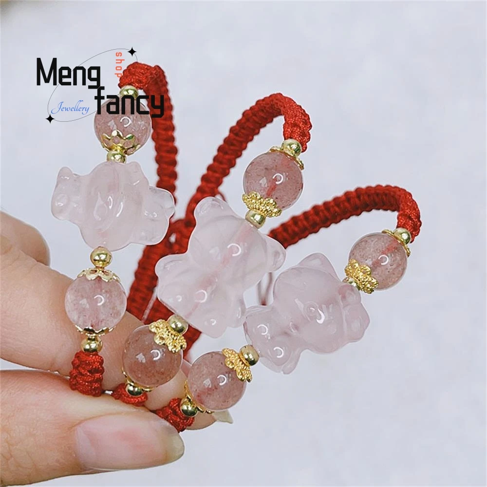 Natural Pink Crystal Rabbit Red Rope Prosperous Peach Blossom  Strawberry Bracelet Cute Fox Little Panda Popular Fashion Jewelry