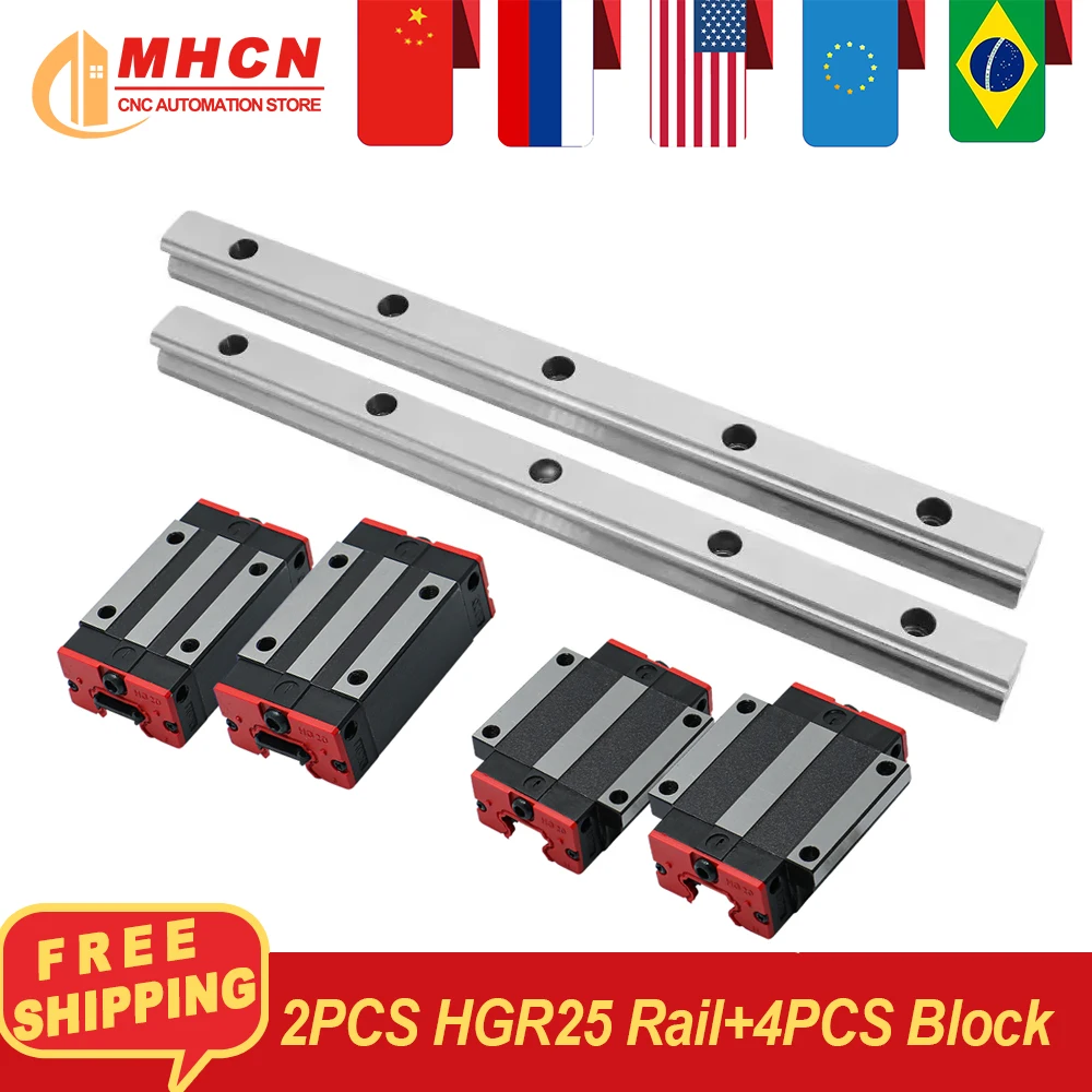 MHCN 2 pcs HGR25 200-500mm Linear Rails+ 4 pcs ordinary/Steel HGH25CA/HGW25CC Carriages for CNC Router