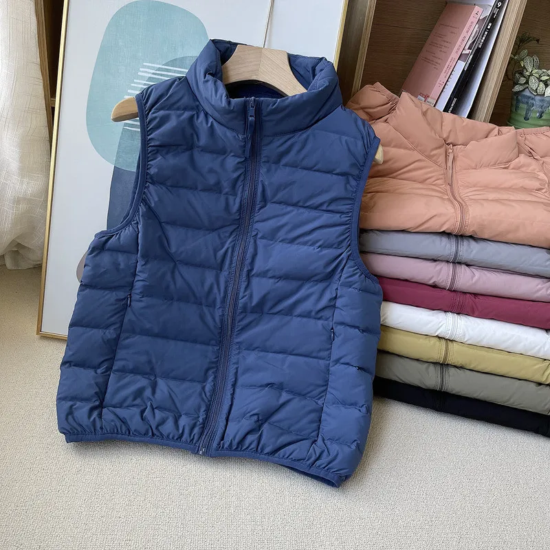 

Ultra Light White Duck Down Vest Jacket Autumn Winter Women Sleeveless Down Waistcoat Parkas Female Stand Collar Short Warm Coat