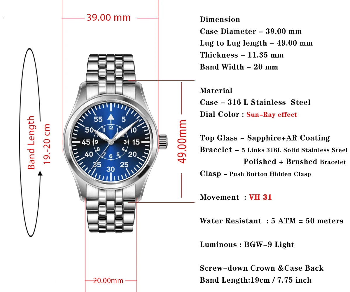 Cronos Pilot Flieger Men Watches 39mm Quartz VH31 Stainless Steel 100M Waterproof  Super Lum Domed Sapphire Crystal Glass L6057M