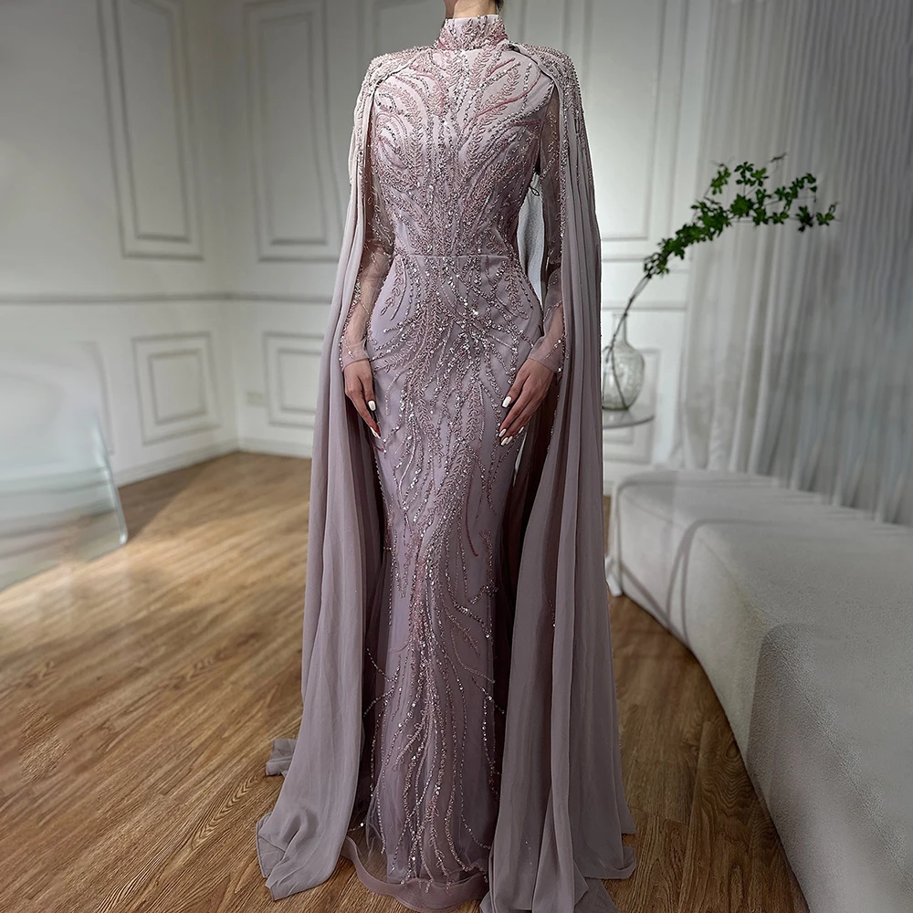 Serene Hill 2025 Saudi Arabic Pink Mermaid Evening Dress with Beaded Satin Cape Sleeves for Formal Occasion Customize BLA72413A