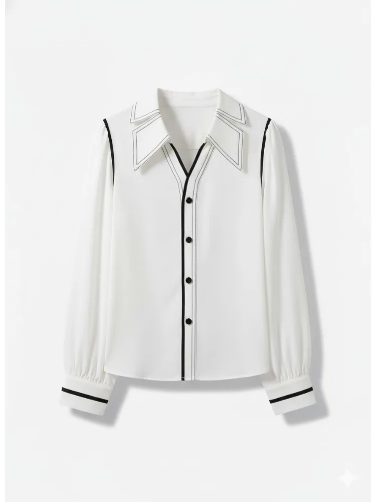 

Freeacy Women's Long Sleeves T-shirt Black Trims Buttoned Loose Fit Shirts Urban Elegant Commuter Blouse for Office Ladies