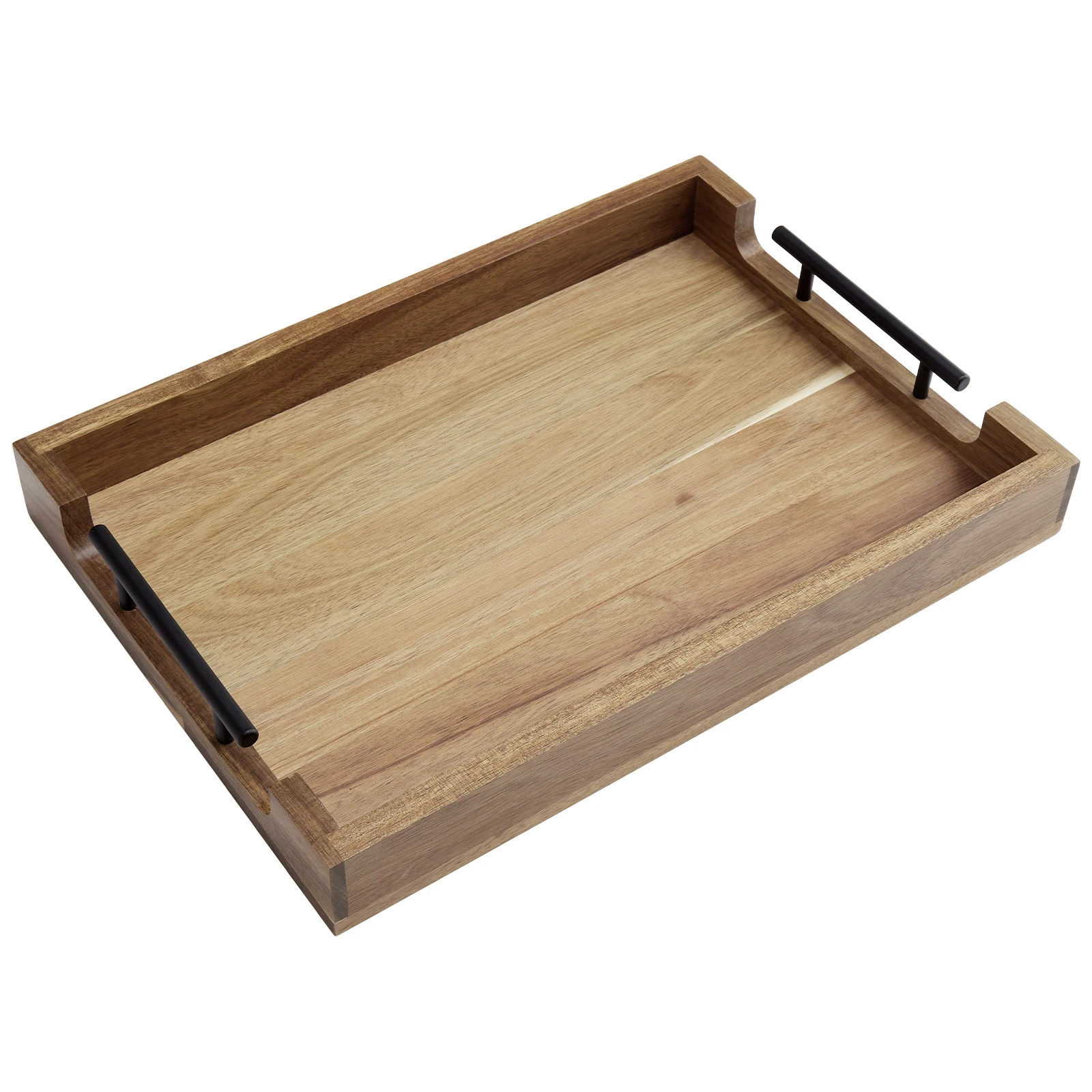 Acacia Serving Tray with Metal Handles 17 in Wood Serving Tray for Coffee Table Liquor Bar, Coffee Serving Tray Toiletry Platter