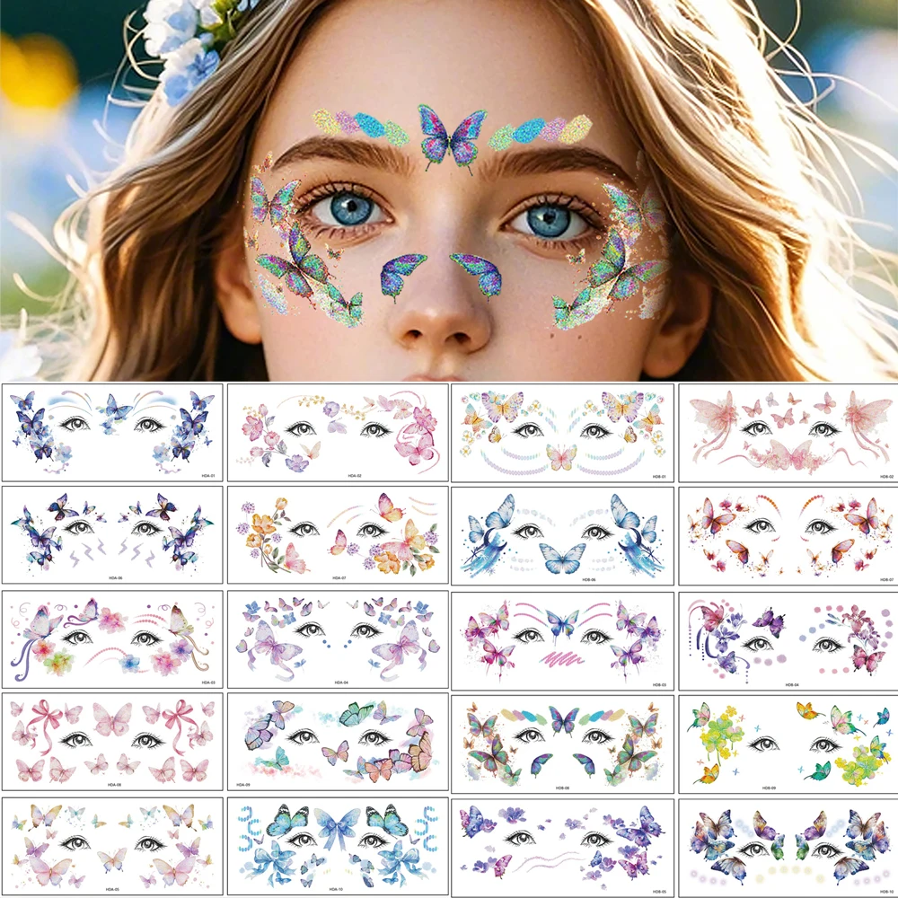 

10 шт., наклейка для лица с бабочкой и цветочным узором для женщин, водонепроницаемые временные татуировки, наклейки для бровей, лица, декор для макияжа