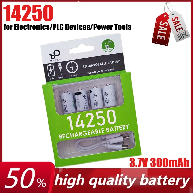 

3.7V 300mAh 14250 Rechargeable Lithium Battery for Electronics/PLC Devices/Power Tools + USB Type-C Charging Cable