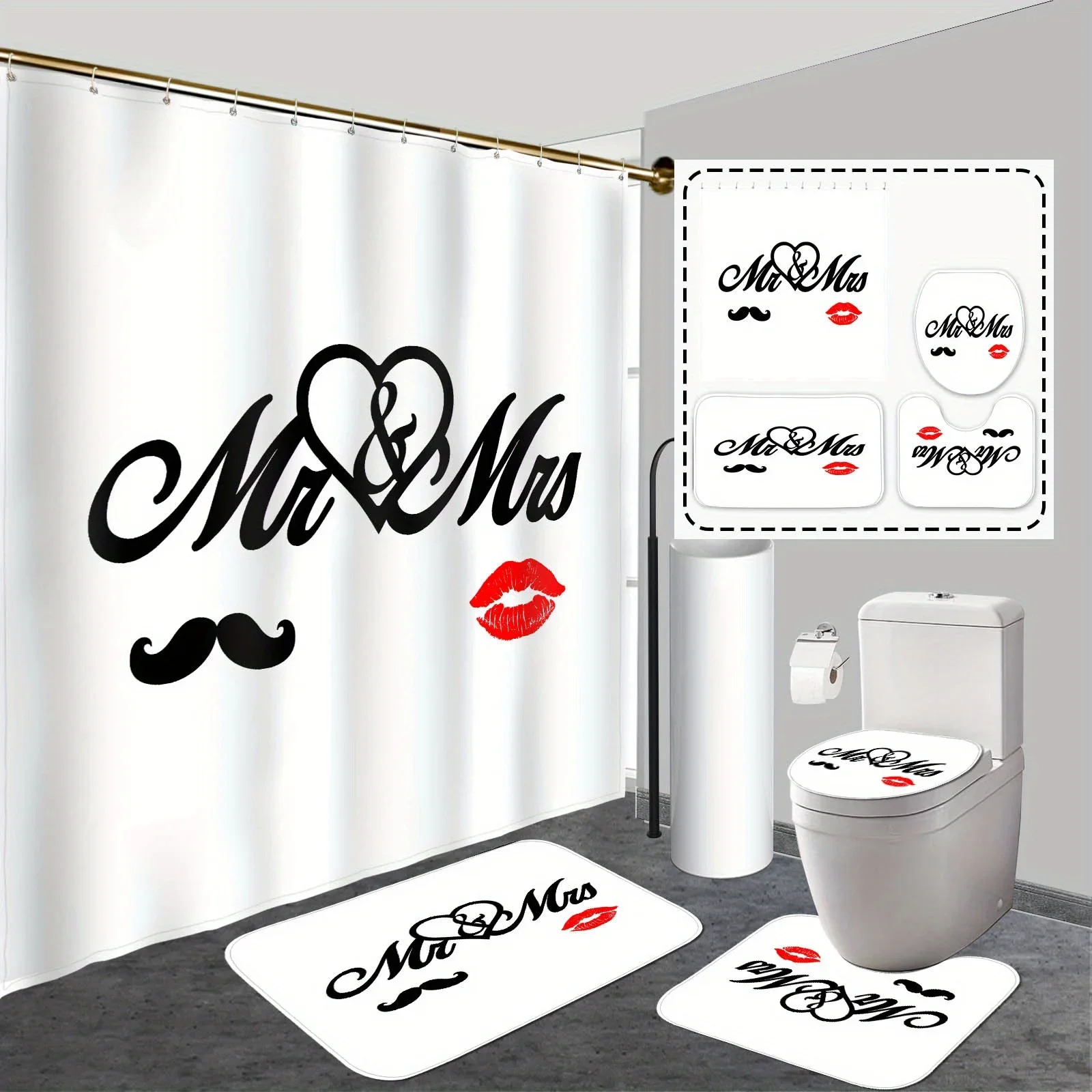 

4-Piece Valentine's Day Bathroom Decoration Set - Romantic Polyester Shower Curtain, Non-Slip Rug, Toilet U-Shaped Mat, Cover