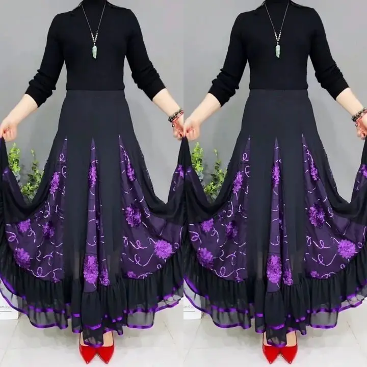 New High Waist High End Fashionable Embroidered Half Length Long Skirt With Pendant Feeling, Puffy Dance Skirt, Square Social