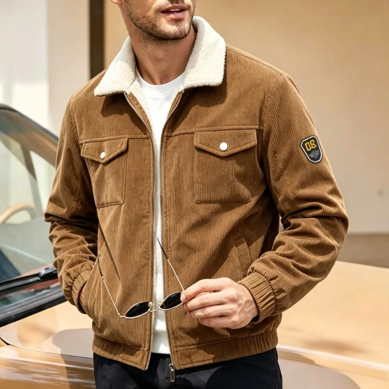 Herren Cordjacke mit Umlegekragen, Fleece-Futter, Dicke Baumwolljacke für Herbst und Winter, Arbeitsjacke mit Großen Taschen, Arbeitskleidung für Männer