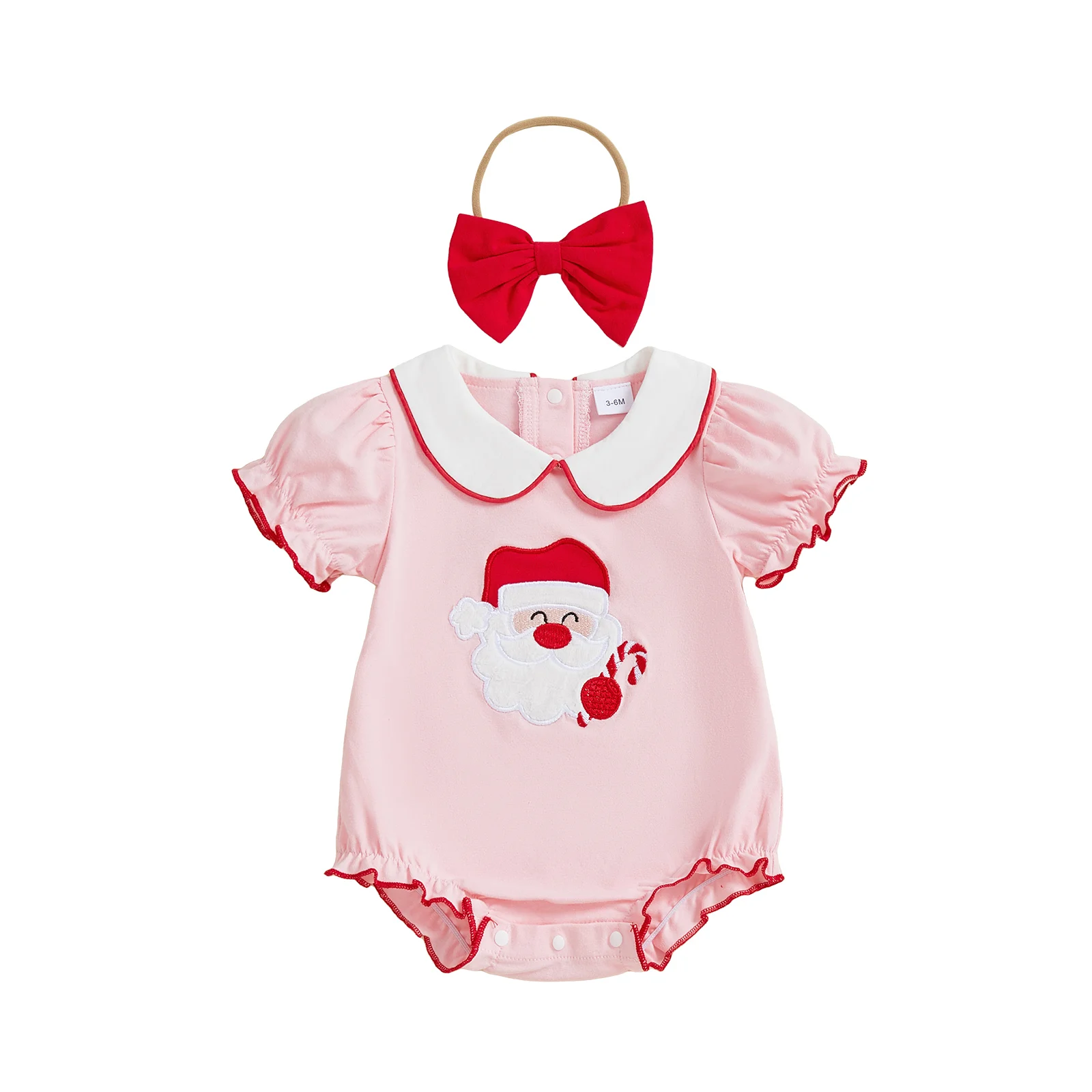 

Рождественский комплект из двух предметов для маленьких девочек, милый комбинезон с короткими рукавами и кукольным воротником, комбинезон с вышивкой Санта-Клауса и повязкой на голову с бантом