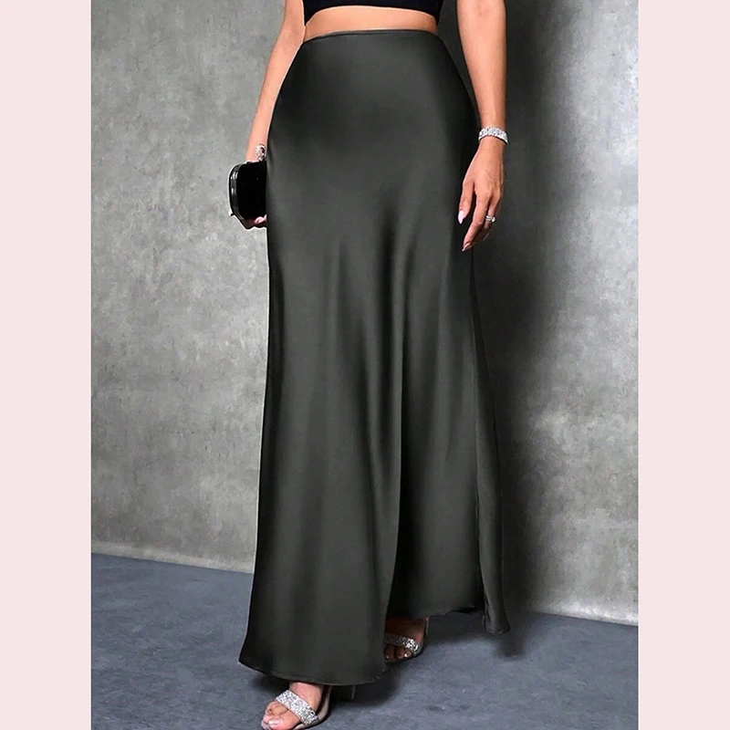 Black Elegant Satin Midi Skirt Women High Waisted Fashion American Draped Skirt Solid Sexy Bodycon Classic Spring Summer Skirt