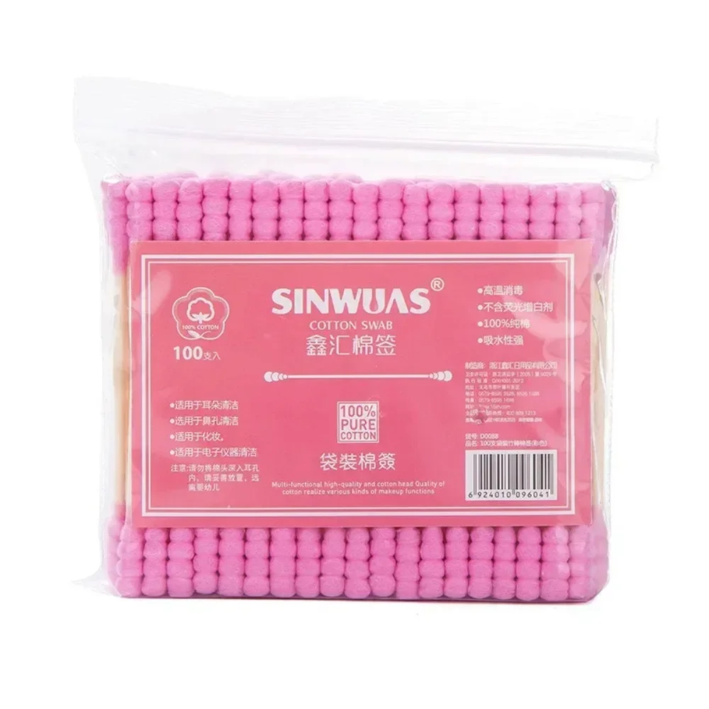 100Pcs Pink Double Head Cotton Swab Stick Female Makeup Remover Cotton Buds Tip for Medical Nose Ear Cleaning Beauty Accessories