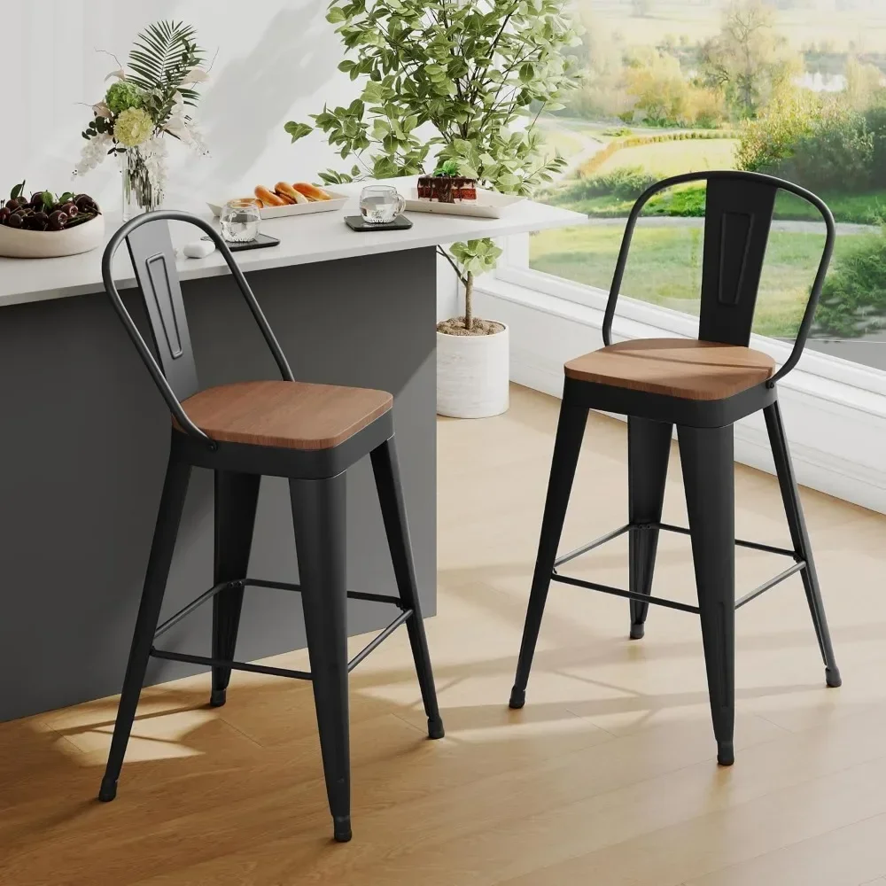 Set of 2 Metal Bar Stools, 24" Counter Height with Backs, Black Frame, Modern Farmhouse Design view 3
