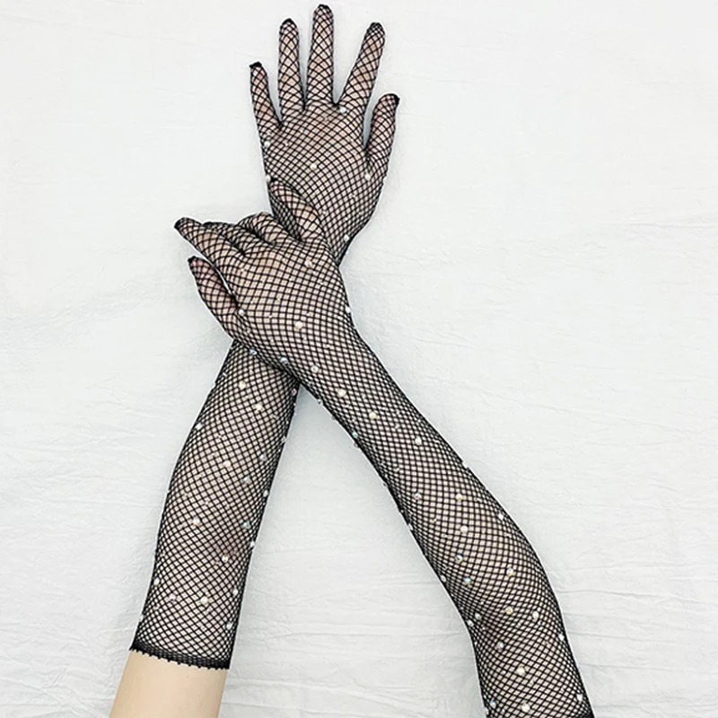 Black White Red Long Mesh Gloves With Rhinestones Hollow Fishing Net Women's Gloves Finger Fancy Cosplay Fishnet Gloves