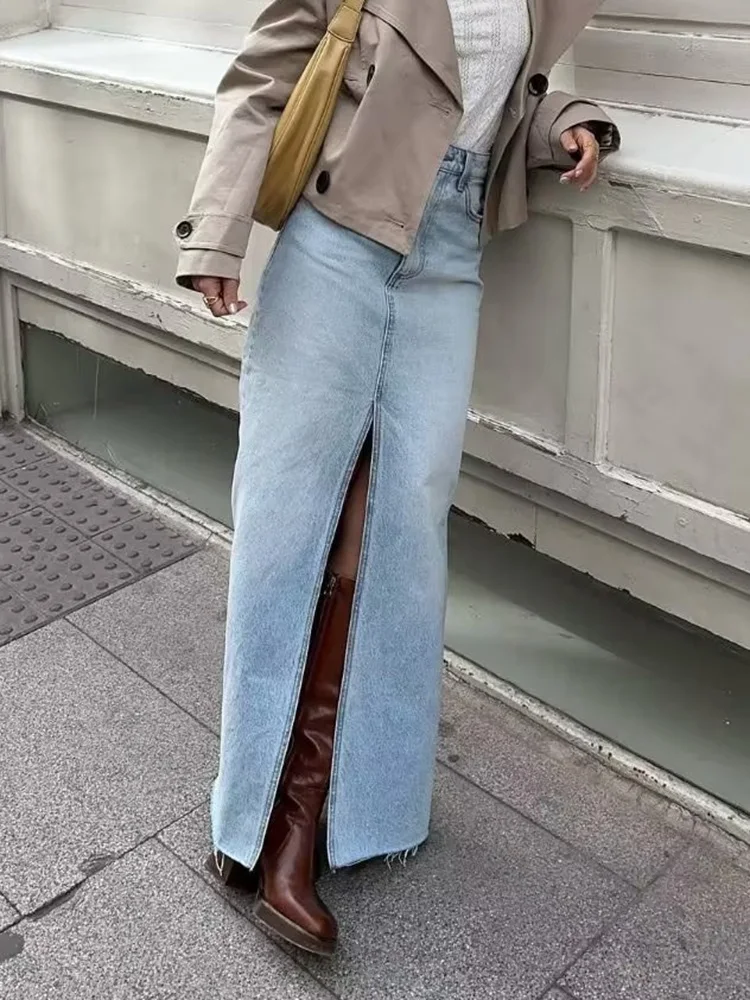 MiuKoMiYa Long Denim Skirts For Women Maxi Spring 2024 Black Front Slit Jean Skirts Womens Long Streetwear Blue Skirt Denim Maxi