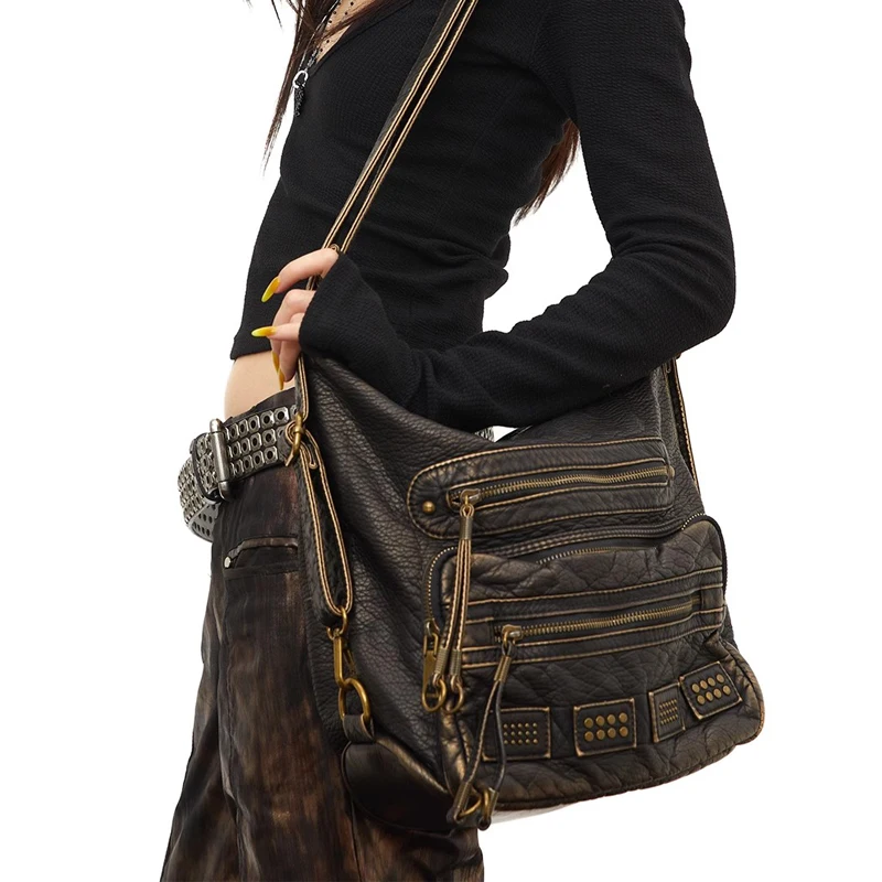 vintage Motorcycle Bag for women retro shoulder crossbody bags Multiple pockets hobos tote bag looks old female purses 2024