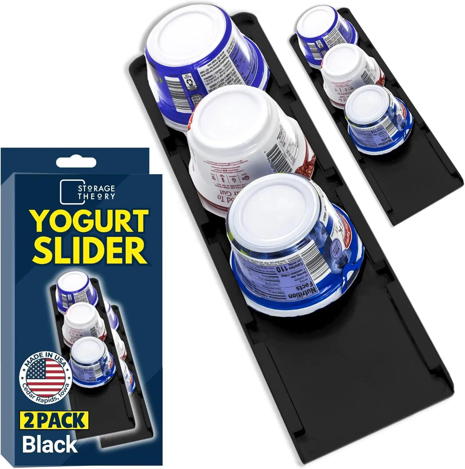 

Yogurt Organizer for Fridge – Under Shelf Storage for 4 Wide-Mouth Cups – Peel and Stick, 2 Pack, Black