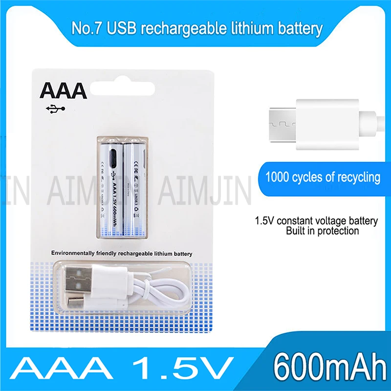 

USB Fast charging 1.5V AAA rechargeable Battery Lithium Ion Battery with Capacity 600mAh for Romote Control LED Toy Keyboard