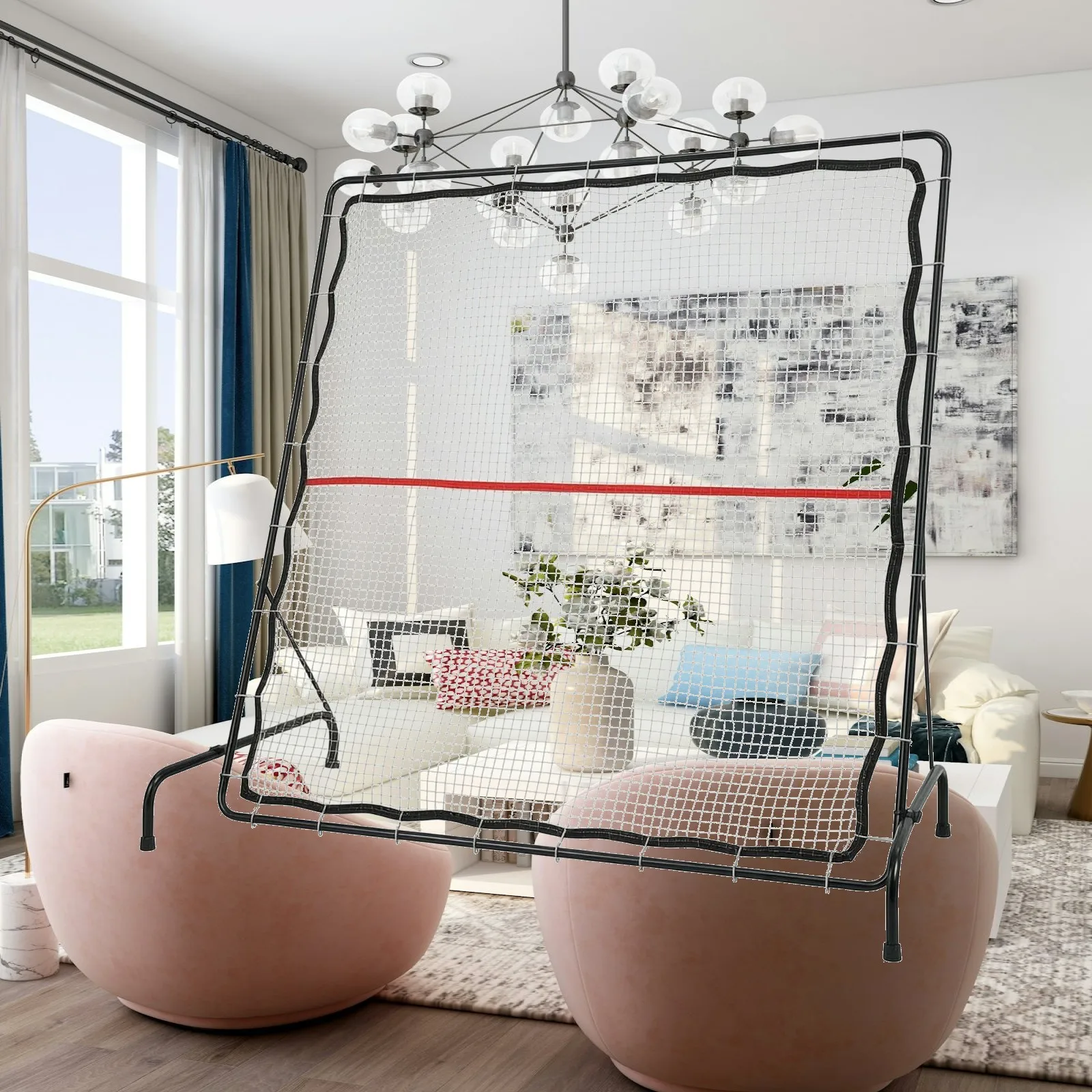 Tennis Training Rebounder Net with Square White Mesh and Stable Iron Frame for Residential Court Use