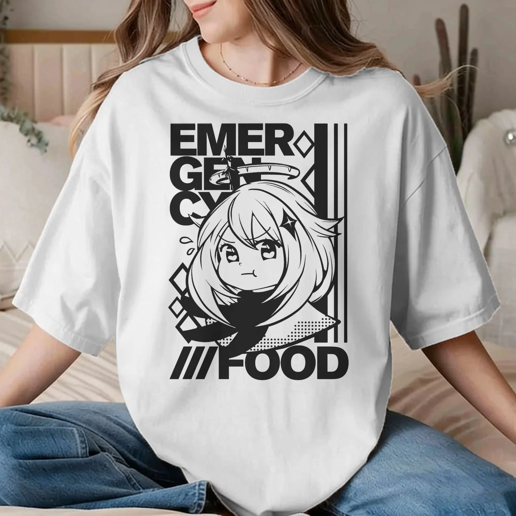 Genshin Impact Emergency Food Paimon Men Women T Shirt  Novelty Tees Short Sleeve Round Neck T-Shirts 100% Cotton Party Clothing