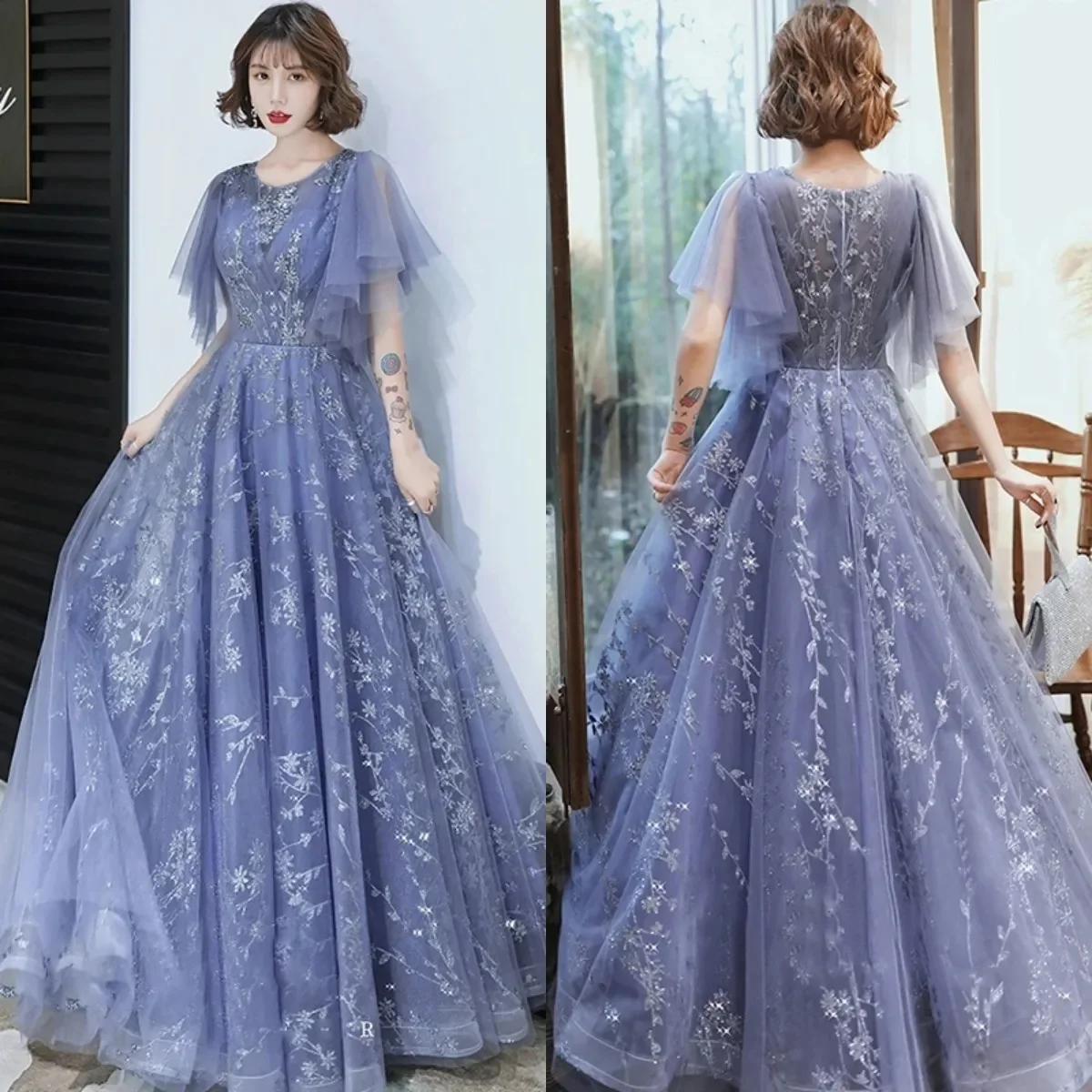 

Evening Dress Haze Blue O-neck Pleat Bling Glitter Short Sleeves A-line Floor Length Plus size Lady Customized Party Formal Gown