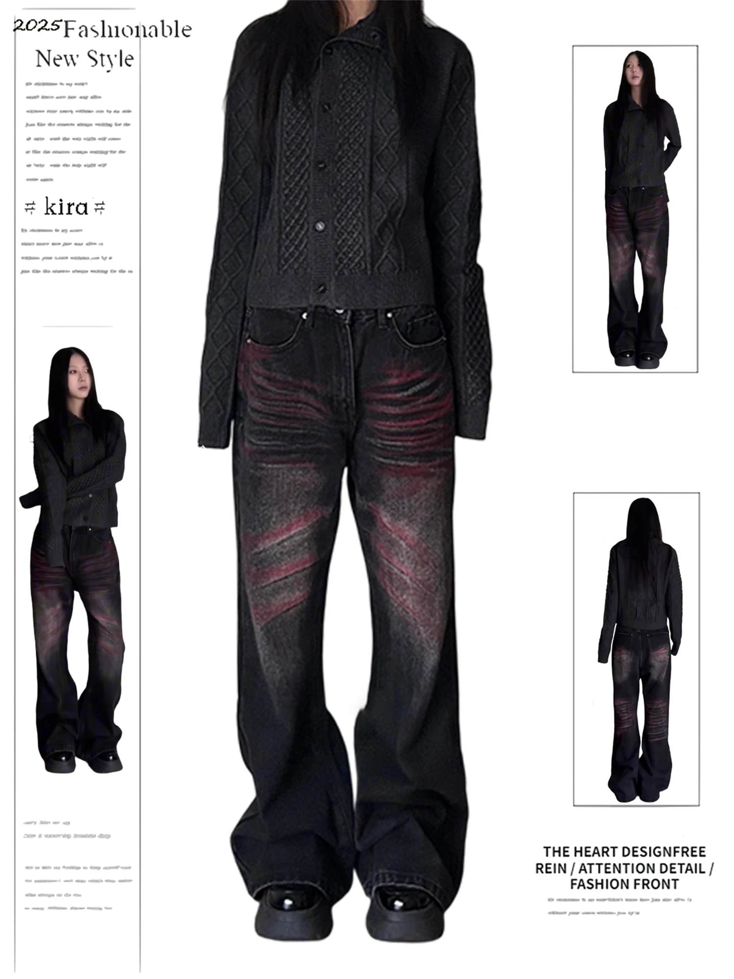 

Women's High Waist Flared Jeans Black With Red Graffiti Print Vintage Washed Retro Y2K Streetwear Denim Trousers