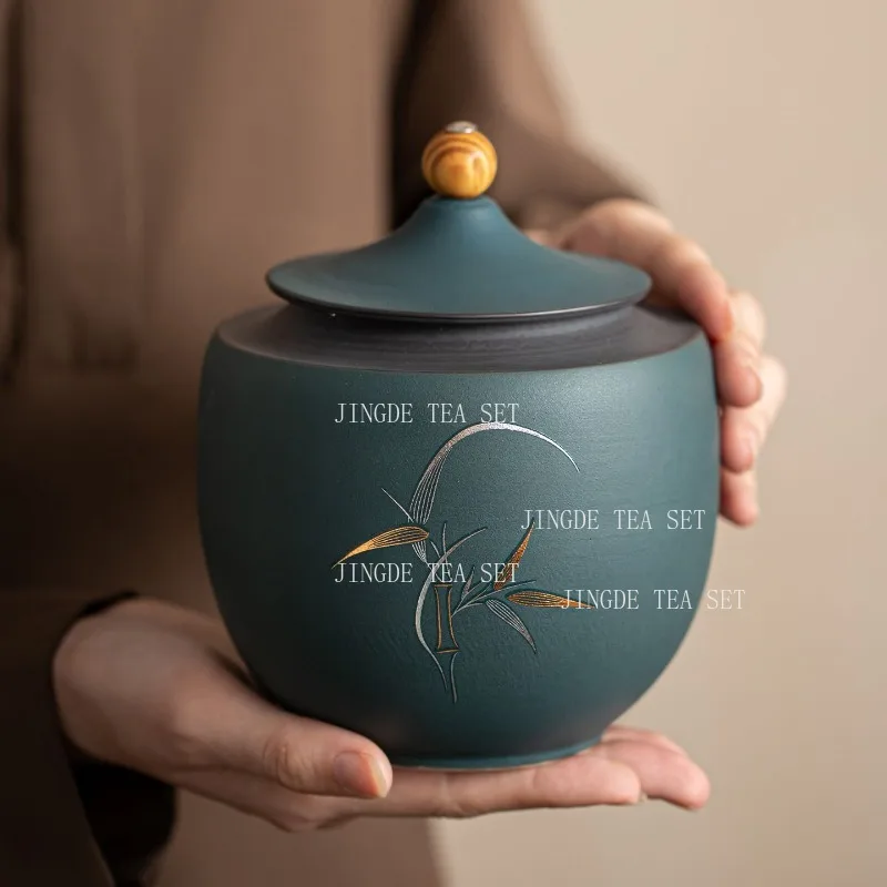 Zisha Tea Canister Gold & Silver Painted Bamboo Pattern Airtight Yixing Clay Tea Storage Jar with Wooden Bead Knob for Loose Tea
