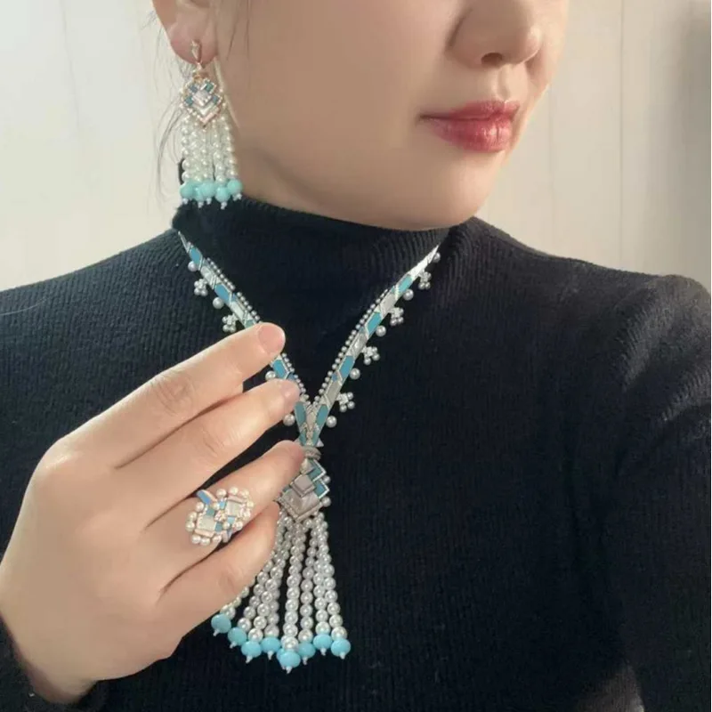Designer Collection Style Ring Earrings Necklace Inlay Cubic Zircon Mother Of Pearl Turquoise Pearls Tassels Party Jewelry Sets
