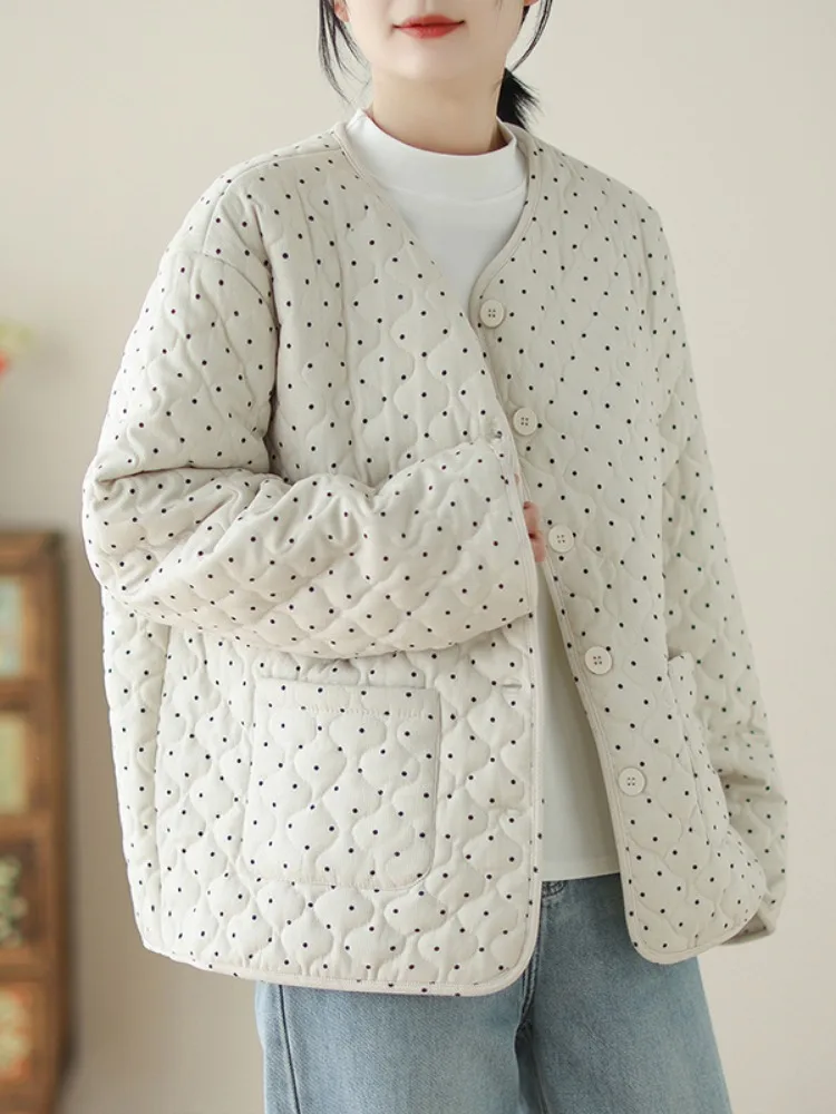 Japanese Style Retro Polka Dot Diamond Pattern Cotton Jacket Women's plus Size Winter Thickened Warmth Collarless Small Coat