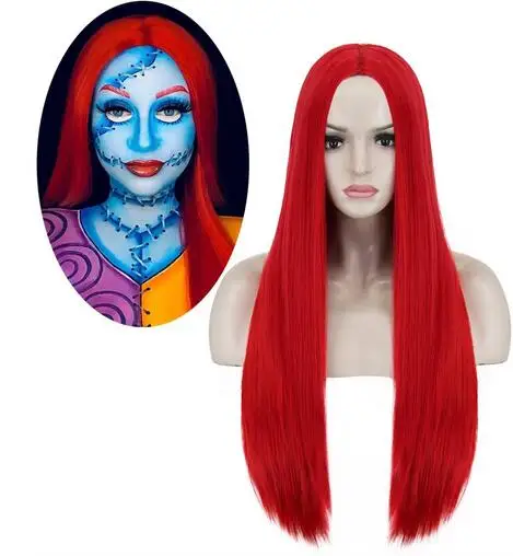 Peluca de cabello sintético rojo liso para fiesta de disfraces de Sally, disfraz de Sally, pesadilla antes de Navidad