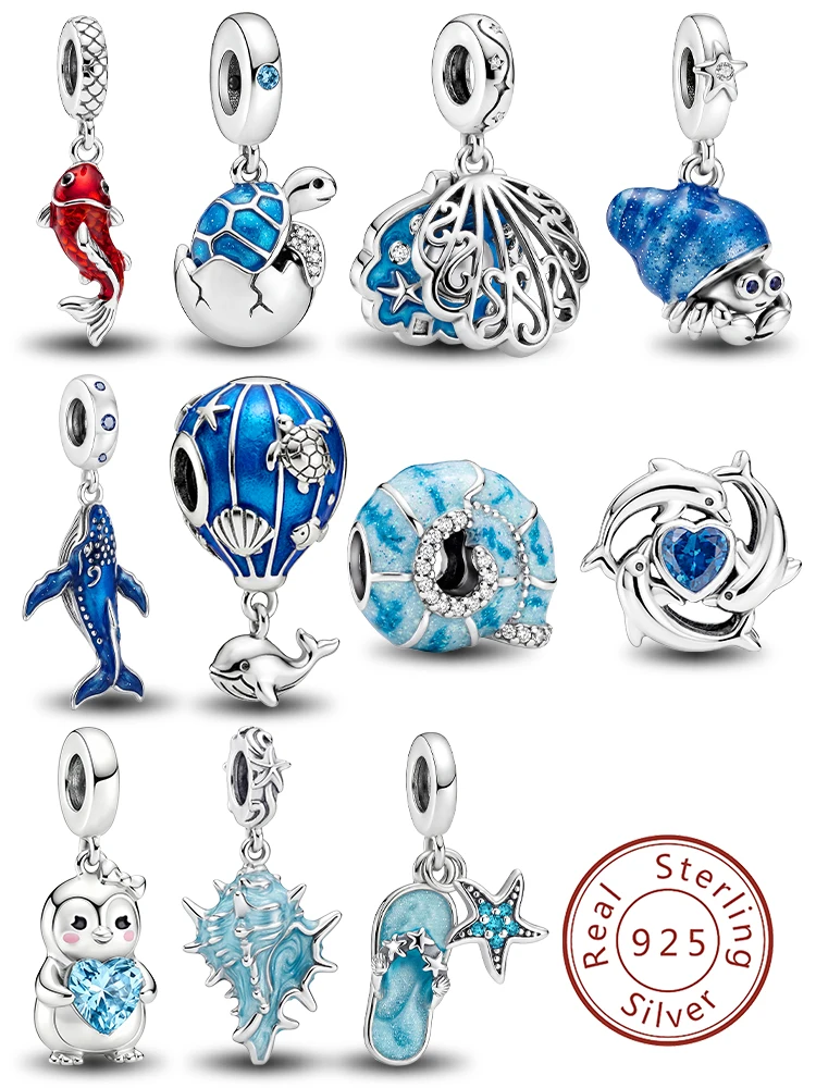 925 Sterling Silver Blue Whale Conch Shell Ocean Series Charm Pendant for Bracelets DIY Women's High Quality Fine Jewelry
