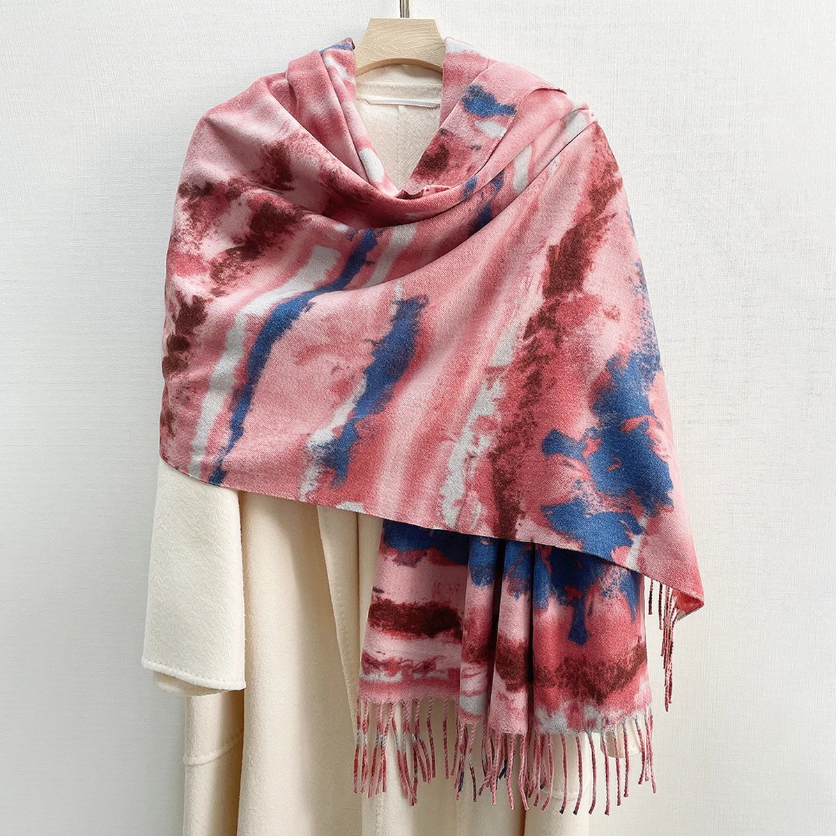 

Женский шарф с принтом тай-дай, большие мягкие зимние теплые шарфы из пашмины с кисточками, шарфы с красочным принтом для вечернего платья