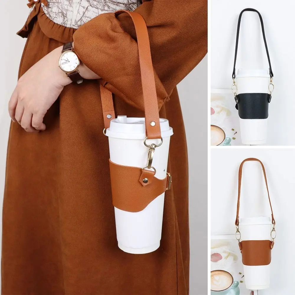 Creative PU Leather Cup Holder Lanyard Travel Portable Water Bottle Sling Hand-held Heat-insulated Water Cup Carrier Strap
