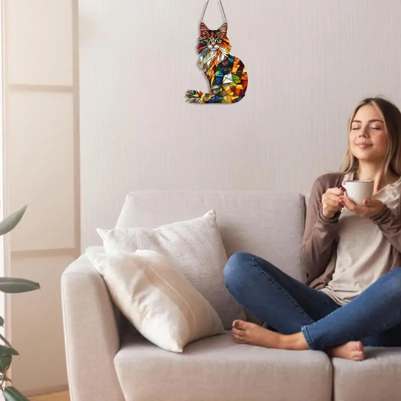 Window Sun Catcher Longhair Cat Stained Ornament 2D Acrylic Cute Cat Art Decoration for Garden Home Cafe Wall Window
