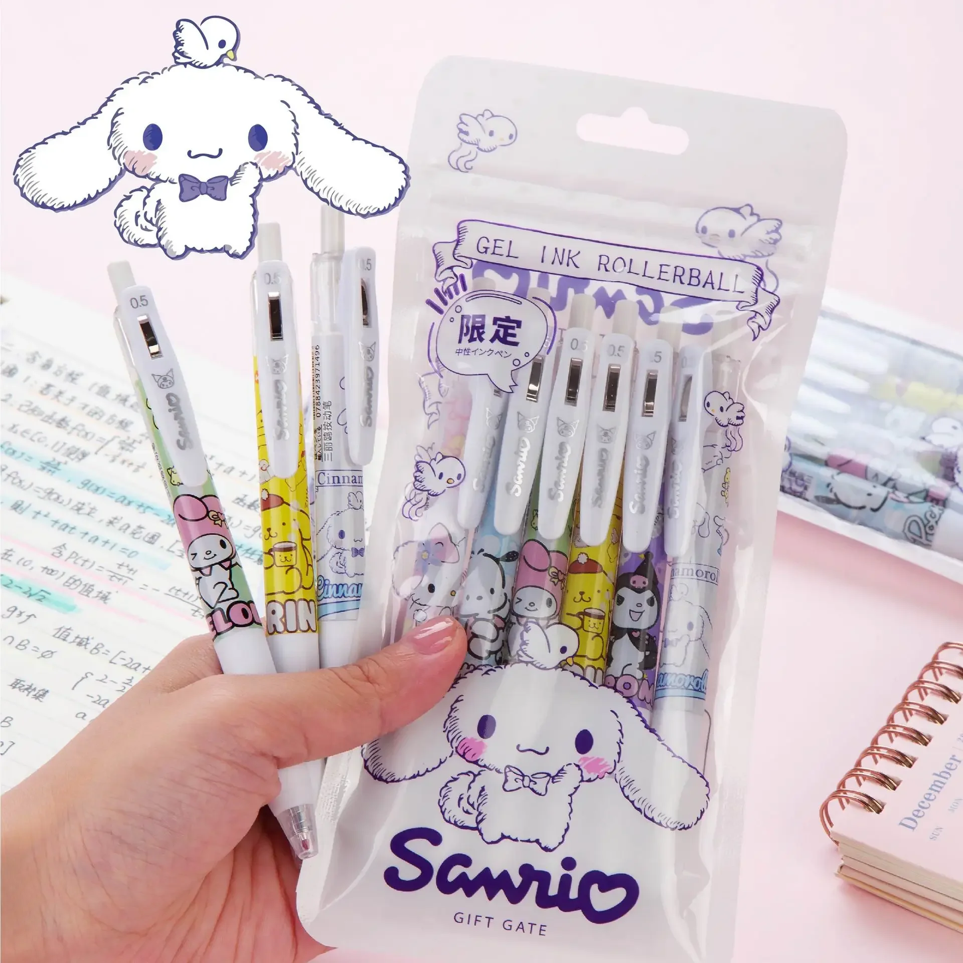 6Pcs/Set Kawaii Sanrio Cinnamoroll 0.5mm Gel Pens Set Cute Hello Kitty Black Pen Cartoon School Student Stationery Supplies Gift