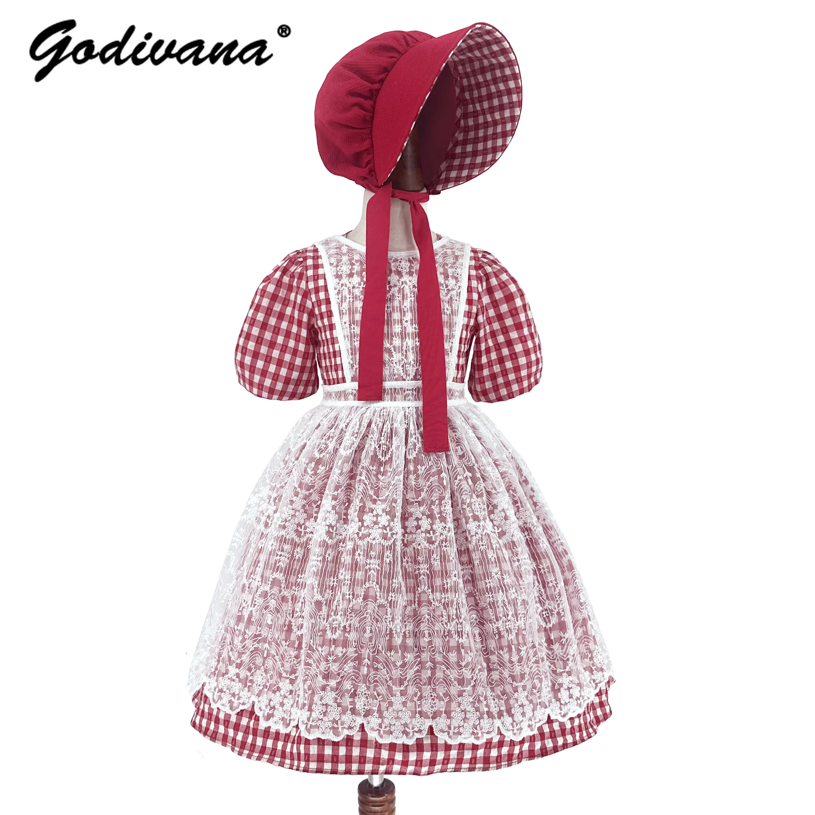 Cute Girls Summer Vintage Short Sleeve Cosplay Dress Kids Country Halloween Fairy Costume Red Plaid Lace Embroidery Apron Sets