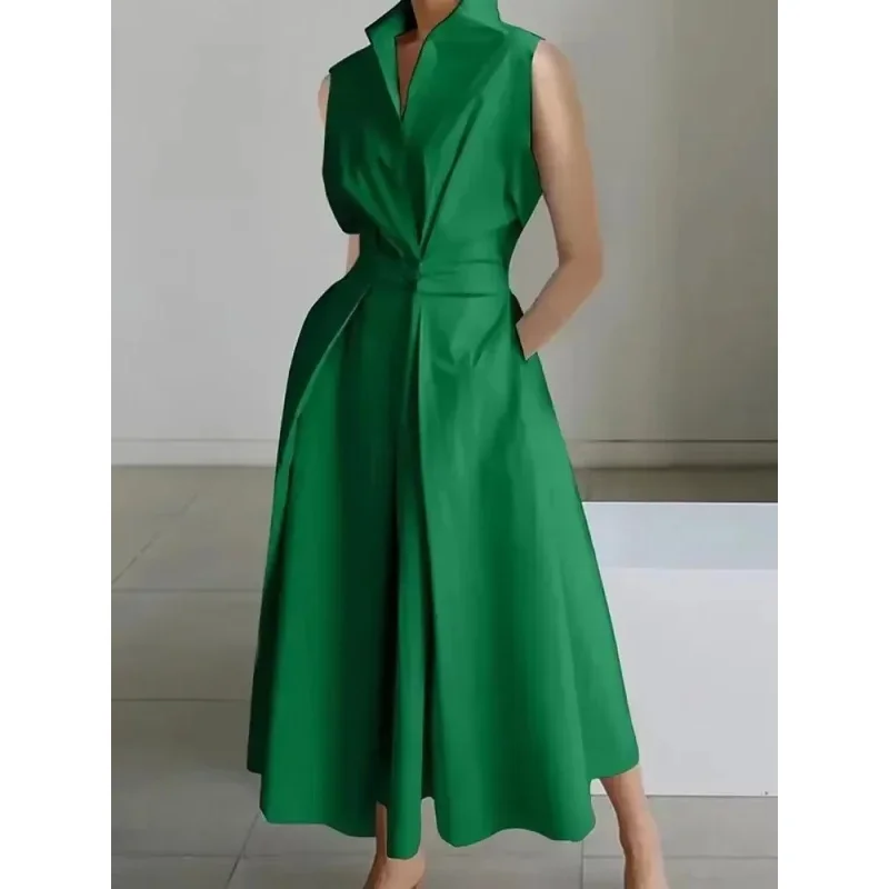 Summer Sleeveless A-line Dress For Women Fashion Solid Color High Waist Elegant Party Evening Midi Dresses Streetwear Dress