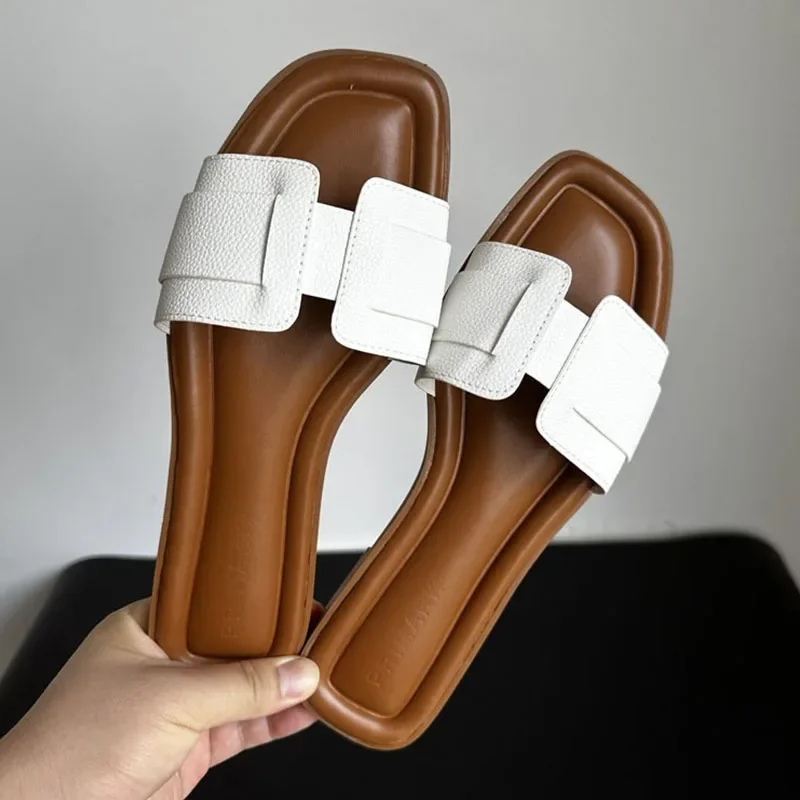 Women\'s Modern Slippers Summer Outdoors Comfortable Flat Slippers Luxury Leather Slippers Casual Slides Shoes Feminine Sandals