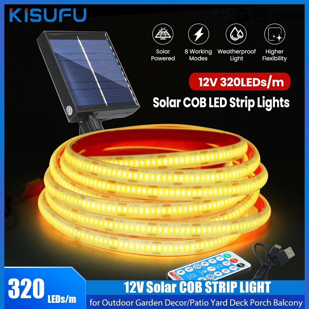 الشمسية COB LED قطاع P68 مقاوم للماء 12 فولت 320 المصابيح/م عالية الكثافة الشريط الشريط حبل أضواء LED الشمسية/مصباح لتزيين الحديقة في الهواء الطلق