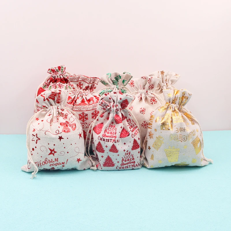 

10Pcs/Lot Christmas Cotton Bags 15x20cm Muslin Cosmetic Bracelet Jewelry Packaging Bags Xmas Big Drawstring Pouch Candy Gift Bag