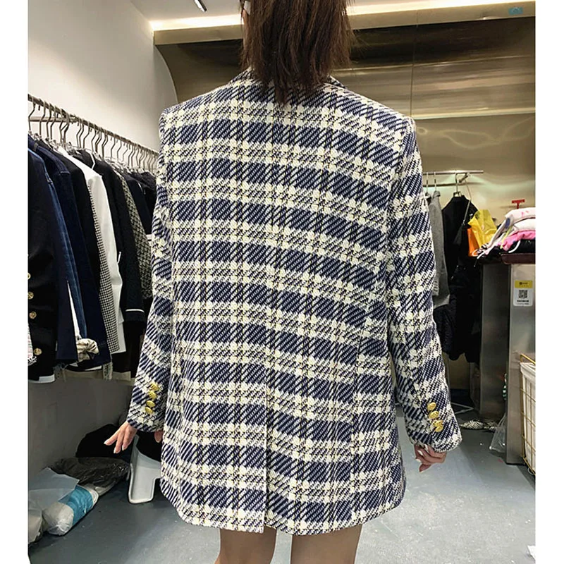 Korean Fashion Plaid Tweed Blazers Women Fall Vintage Double Breasted Quilted Cotton Suit Jacket Elegant Lady Chic Coat 2024 New