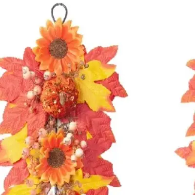 2PCS Artificial Pumpkin Maple Leaf Garland Silk Flower Wreath For Autumn Thanksgiving Wall Hanging Home Seasonal Decoration