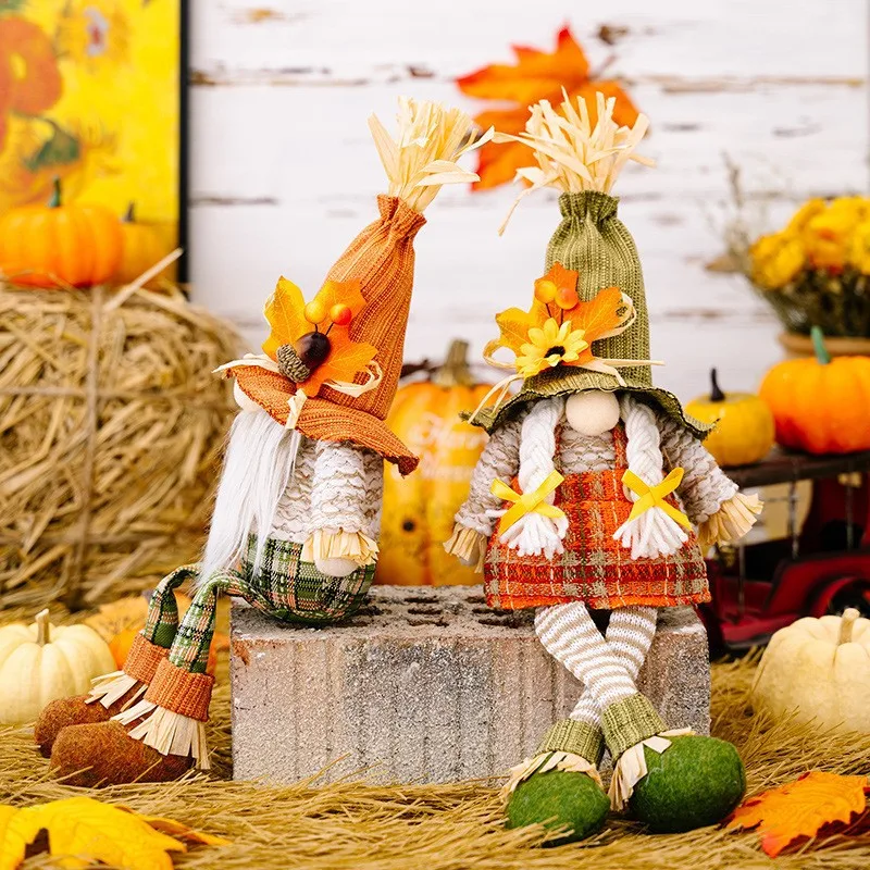 Thanksgiving Harvest Faceless Hanging Leg Doll Maple Leaf Straw Hat Ornament for Home Party Wall Door Decor