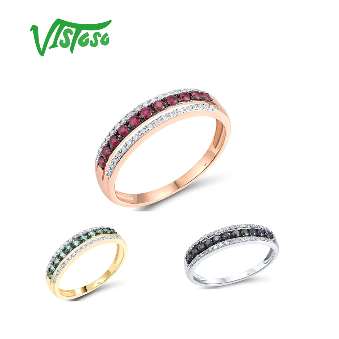 

VISTOSO Pure 14K 585 White Yello Gold Ring For Women Sparkling Diamond Blue Sapphire Ruby Emerald Trendy Wedding Fine Jewelry