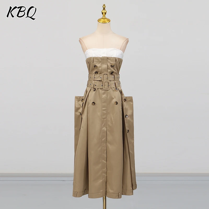 

KBQ Hit Color Irregular Cargo Dresses for Women Strapless Sleeveless Backless High Waist Spliced Double Sashaes Dress Female New