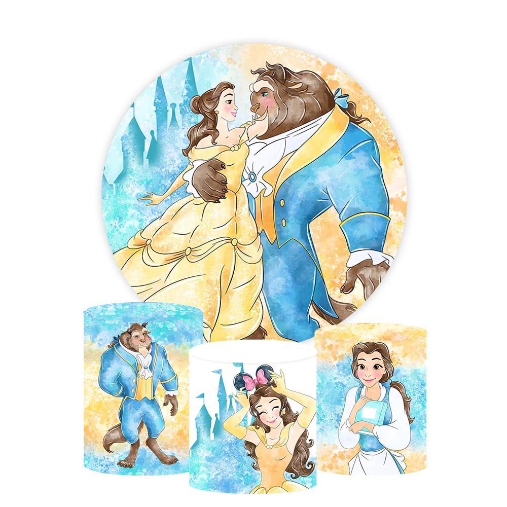 Beauty and The Beast Princess Belle Round Backdrop Cover For Girls Happy Birthday Party Background Yellow Cylinder Covers