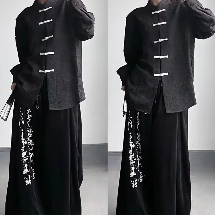 Men Women Chinese Style Hanfu Tops Pants Traditional Ethnic Kung Fu Jackets Trousers Cotton T-shirt Costume calligraph Hanfu set