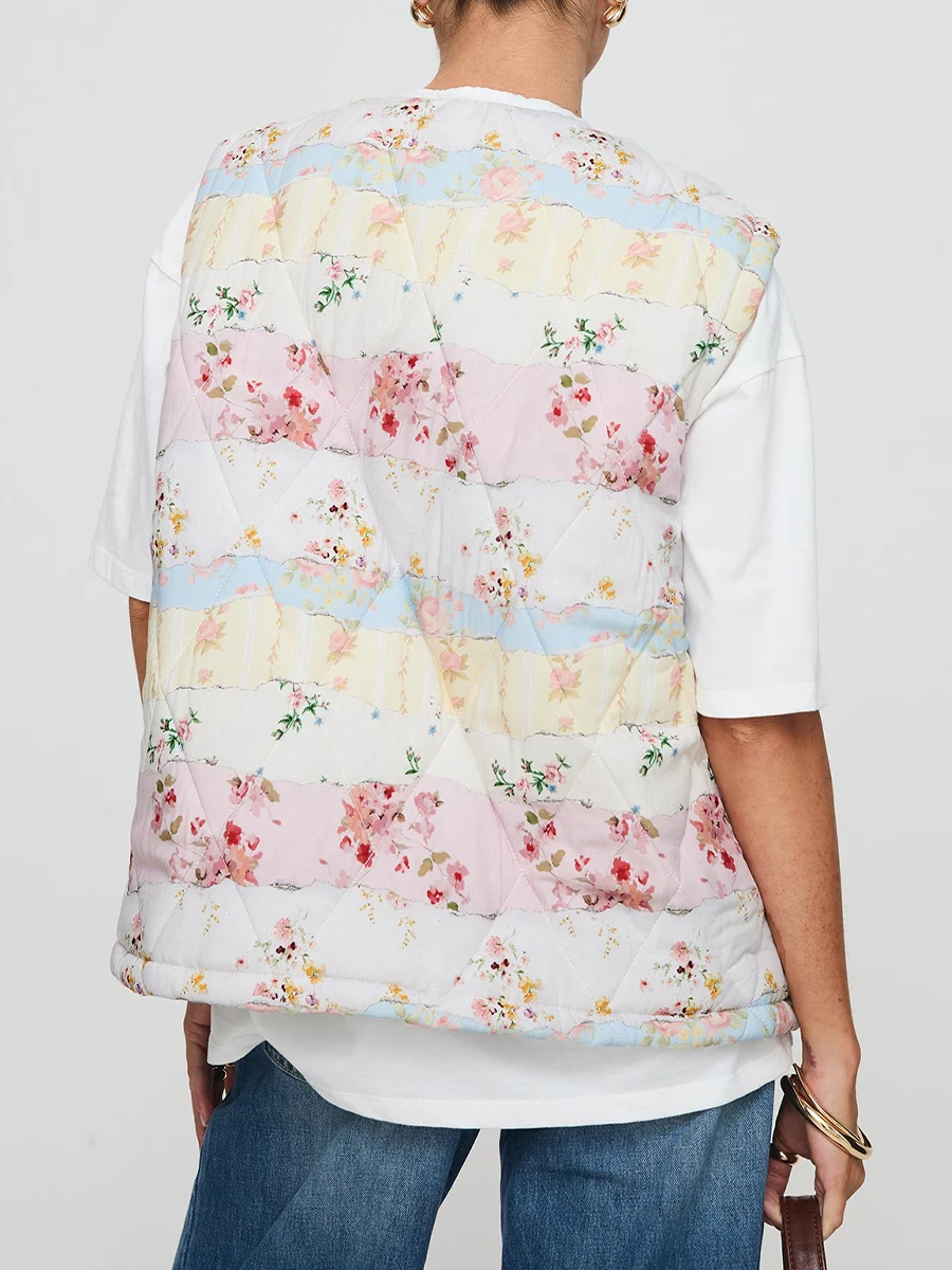 Women s Quilted Cotton Vest Bow Tie Closure Floral Print Round Neck Winter Waistcoat